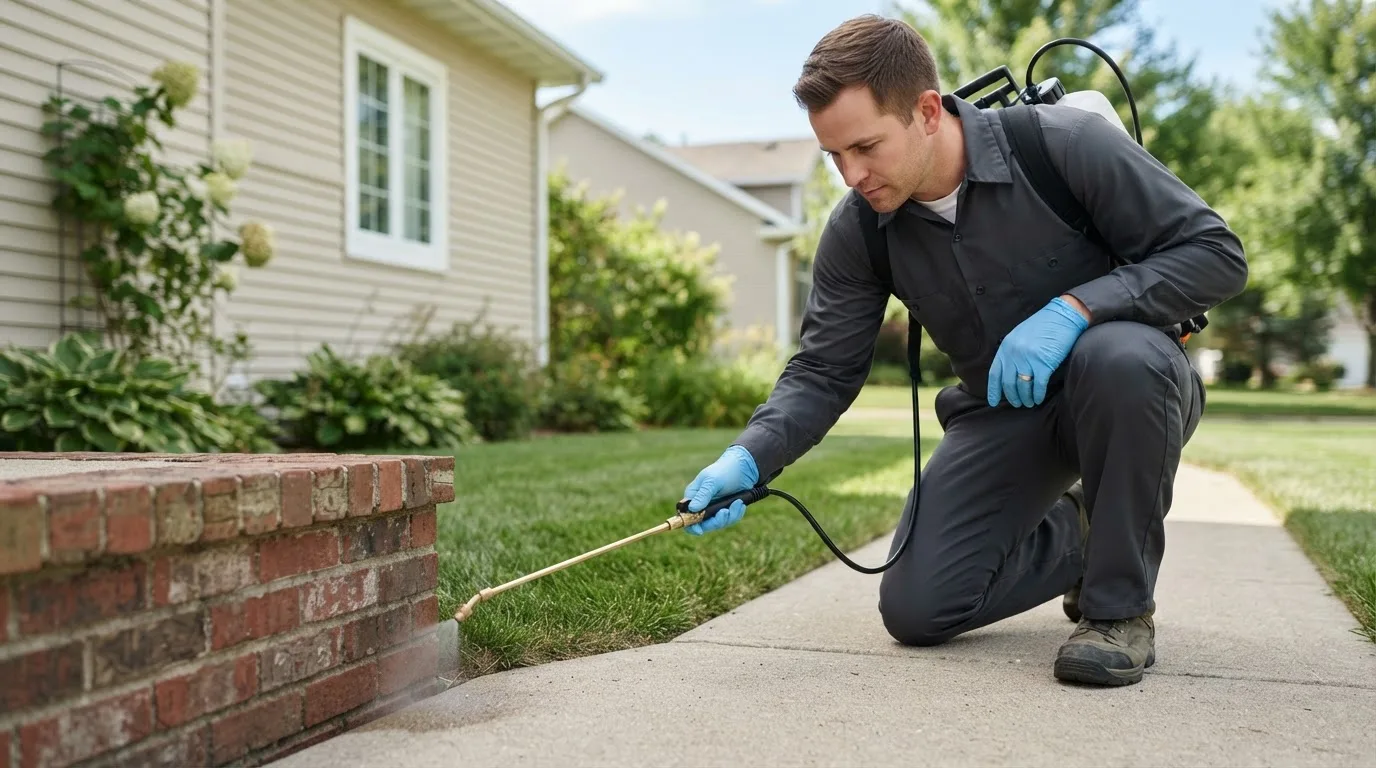 Pest control technician treating a home near Sadorus, IL