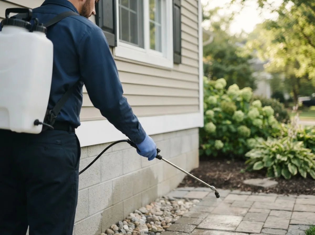 Pest control technician inspecting a home in Sadorus, IL